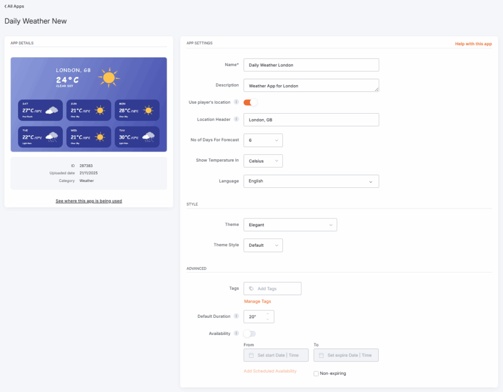 Yodeck Daily Weather app configuration options have filled in values by the user after the completion of the app's configuration