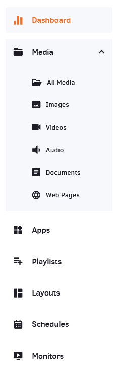 Main menu options of the Yodeck portal.