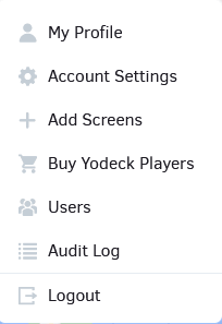 Profile menu options in the Yodeck portal