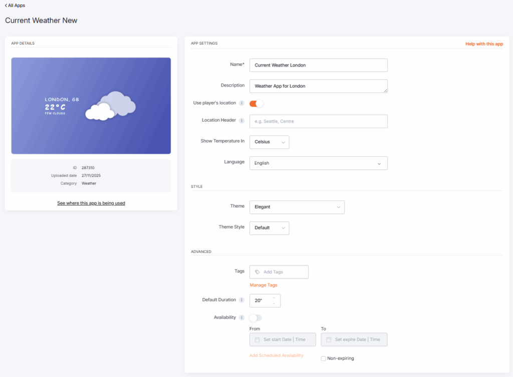 Yodeck Current Weather app configuration options have filled in values by the user after the completion of the app's configuration