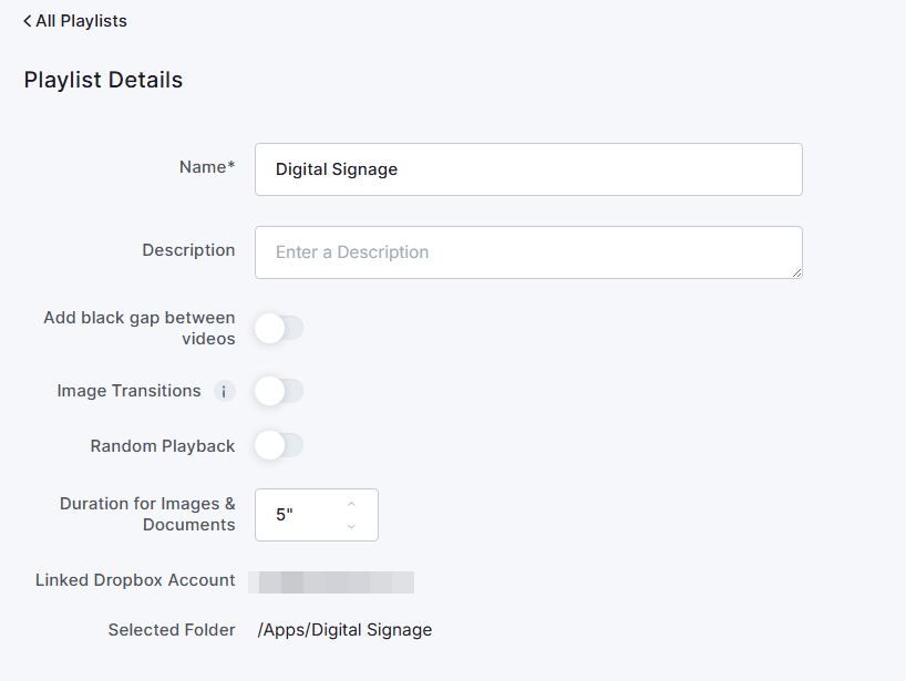 Dropbox Playlist details in the platform