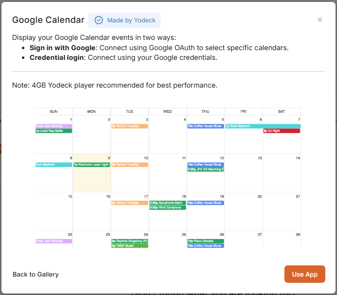 The Google Calendar app in the Yodeck app gallery
