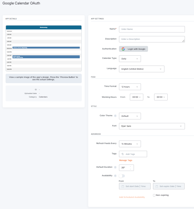 Viewing the Google Calendar OAuth app settings page in Yodeck, showing Authentication, Calendar Type, Feed, Style and Advanced sections.