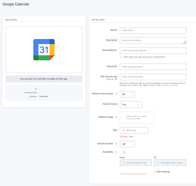 Creating a Google Calendar app with the Google Credentials authentication option