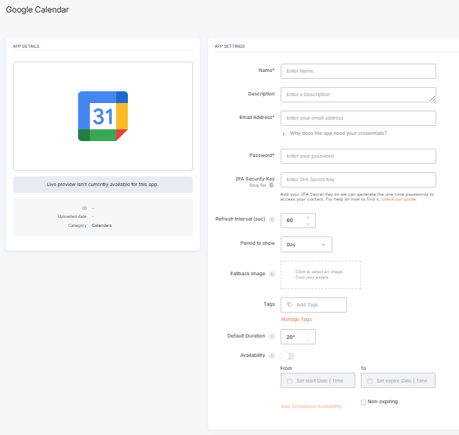 Viewing the Google Calendar Credentials app settings page in Yodeck.