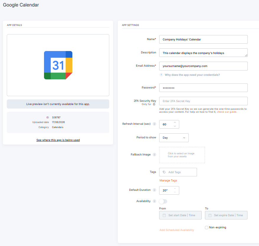 Saving the Google Calendar Credentials app settings page in Yodeck.