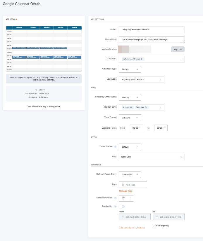 Saving the Google Calendar OAuth app settings page in Yodeck, showing Authentication, Calendar Type, Feed, Style and Advanced sections.