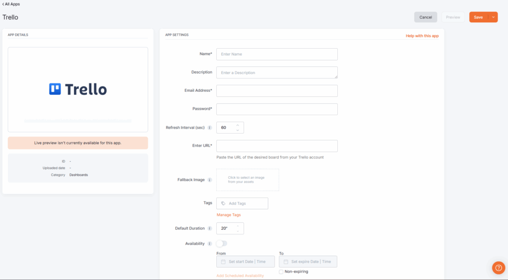 Empty app details of the Trello app settings page in the platform.