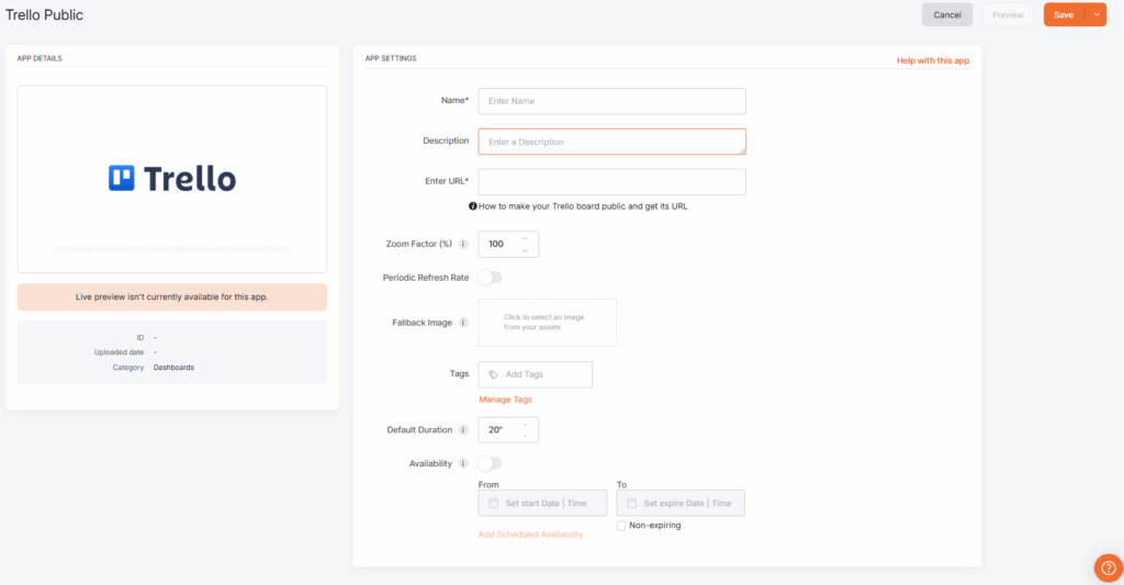 Empty app details of the Trello app settings page in the platform.
