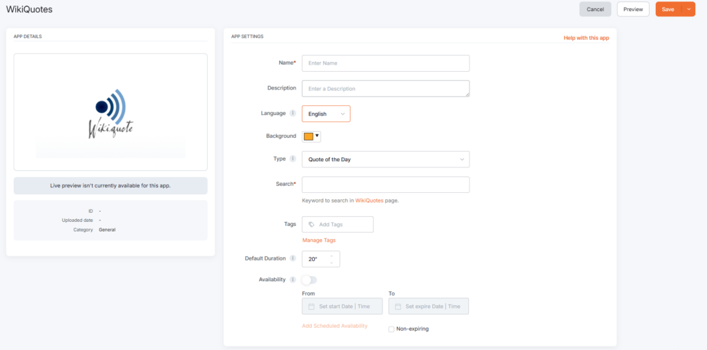 Initial setup screen for the WikiQuotes app showing configurable fields available for customization.