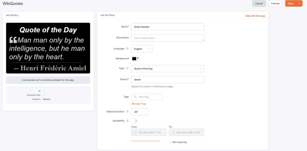 Completed WikiQuotes app configuration in the Yodeck platform, featuring filled in fields.