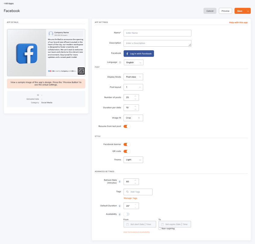Yodeck Facebook app configuration interface showing social media display settings, including Facebook login, post layout, number of posts, image fit, banner toggle, and scheduling options.