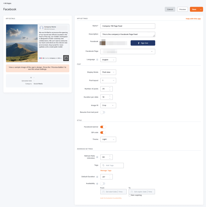 Yodeck Facebook app setup with a connected Facebook account, displaying custom feed settings for post layout, theme, QR code toggle, refresh rate, and scheduled availability options.
