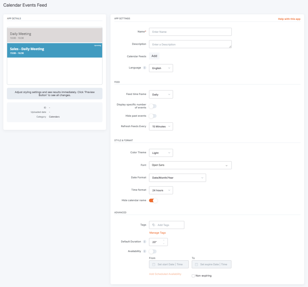 Initial setup screen for the Calendar Events Feed app showing configurable fields available for customization.