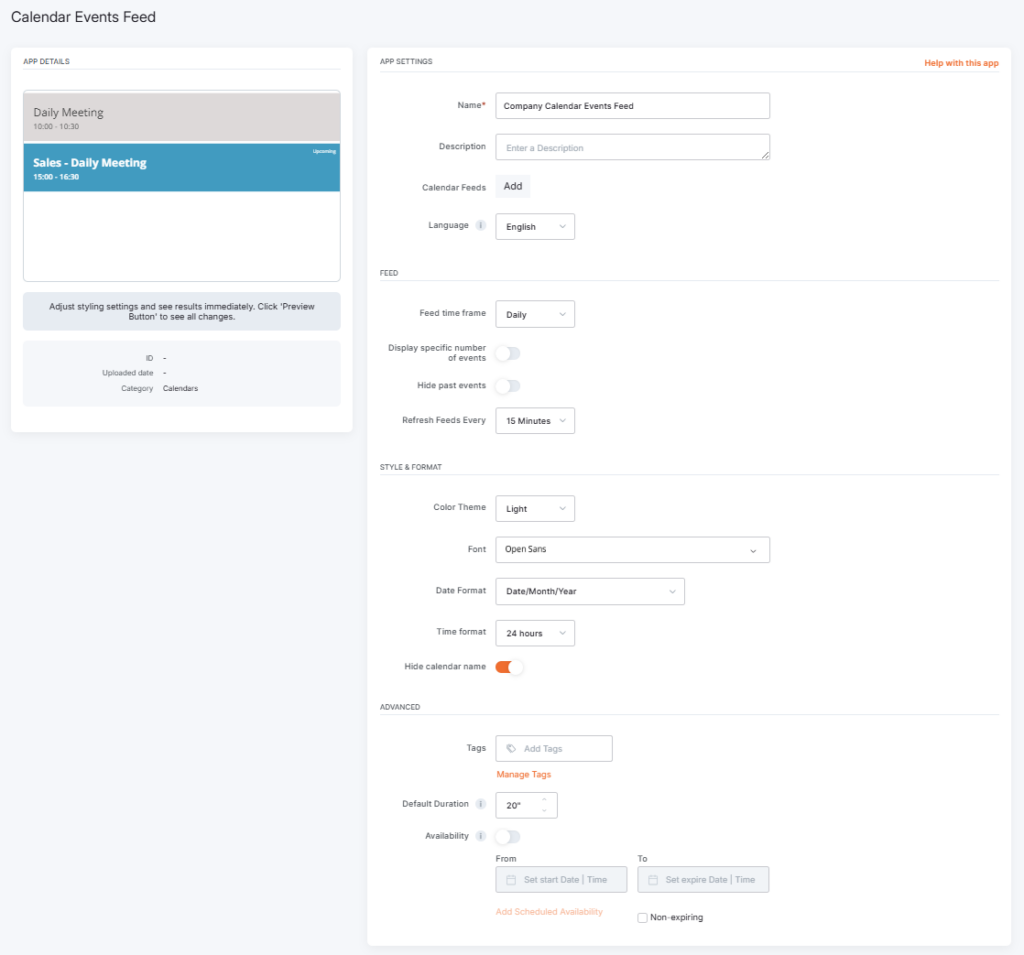 Completed Calendar Events Feed app configuration in the Yodeck platform, featuring filled in fields.
