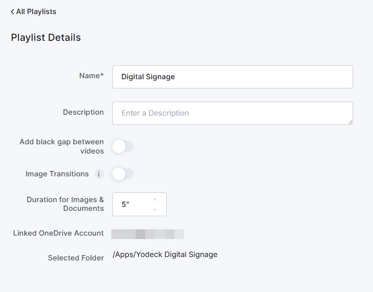 OneDrive Playlist details in the Yodeck platform