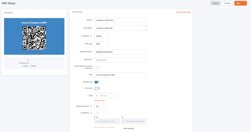 Completed WiFi Share app configuration in the Yodeck platform, featuring filled in fields.