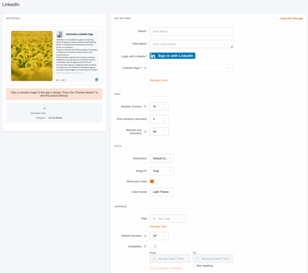 Yodeck LinkedIn app configuration interface showing social media display settings, including LinkedIn login, post layout, number of posts, and scheduling options.