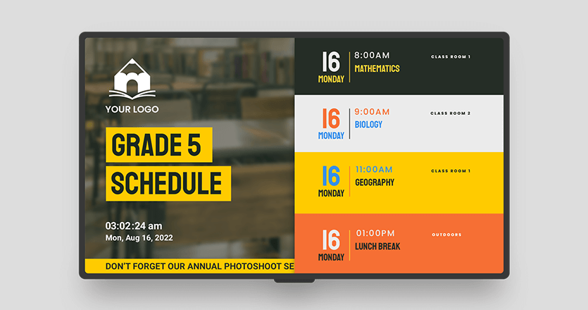 Digital signage screen with class program