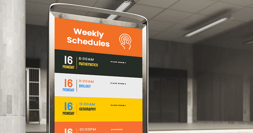 a school digital screen presenting a weekly schedule