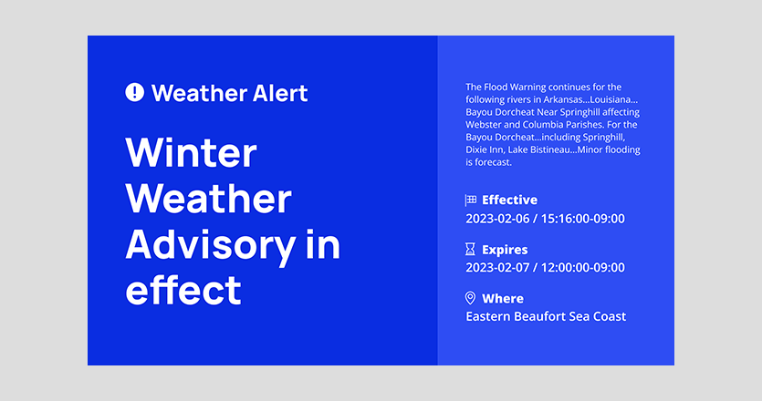 National Weather Service Alert on blue background with text about a Winter Weather Advisory on the left, and smaller text on the right describing flood warning locations and times