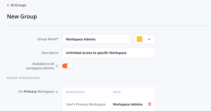 image with an example of  a User Groups screen, including fields about the Group name, description, and Workspaces