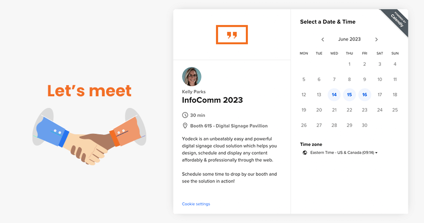 InfoComm 2023 calendar image with Yodeck inviting you to schedule a meeting