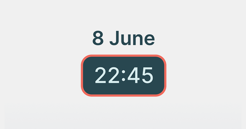 dark grey text that says 8 June, with the time 22:45 right underneath in lighter text with dark grey background and a red outline of the timestamp as an example of the Date  and Time App
