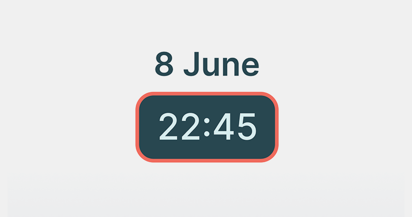 dark grey text that says 8 June, with the time 22:45 right underneath in lighter text with dark grey background and a red outline of the timestamp as an example of the Date and Time App