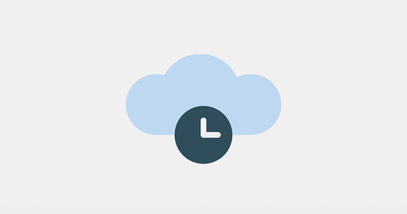 An example of an hourly weather app, with a light blue cloud on a light grey background. On the cloud there is a traditional clock in dark grey with white hour and minute hands.