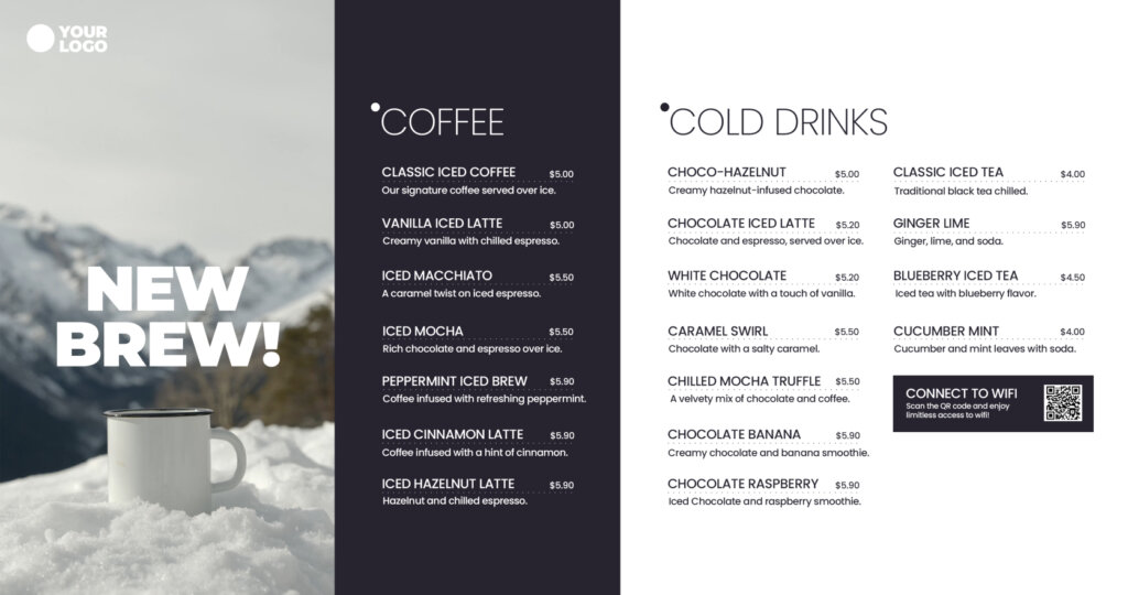 A digital menu board for a coffee shop