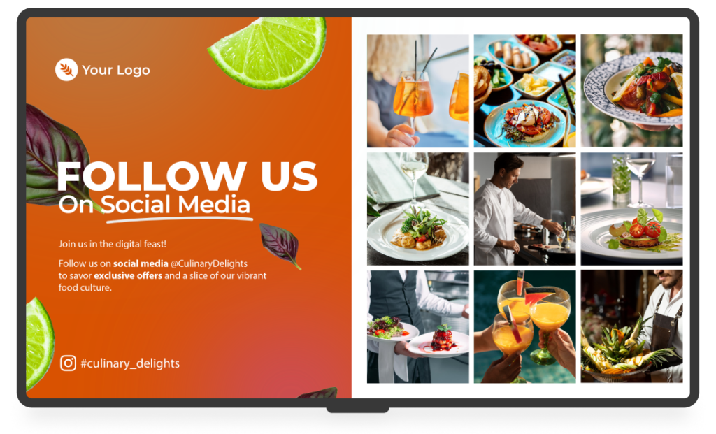 A screen showing a restaurant social media wall along with a prompt to follow their social media
