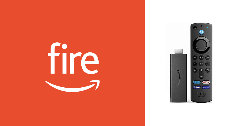 Amazon Fire OS logo and the Fire TV Stick device with its remote control