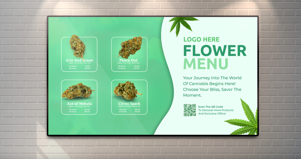 A digital menu board featuring cannabis products