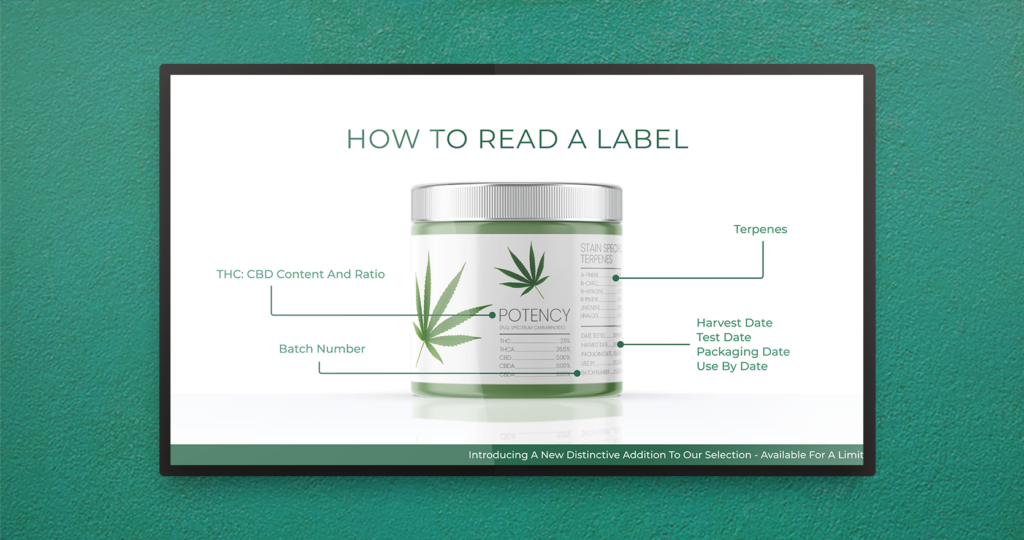 A digital signage promoting safe use practices of cannabis products