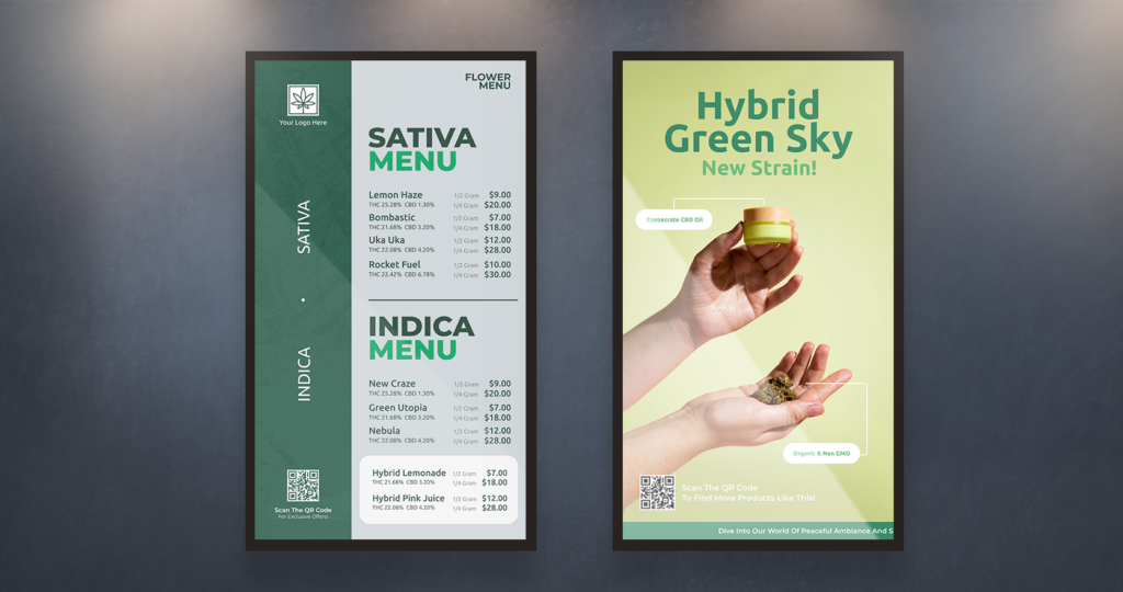 Two vertical digital signs showing cannabis products
