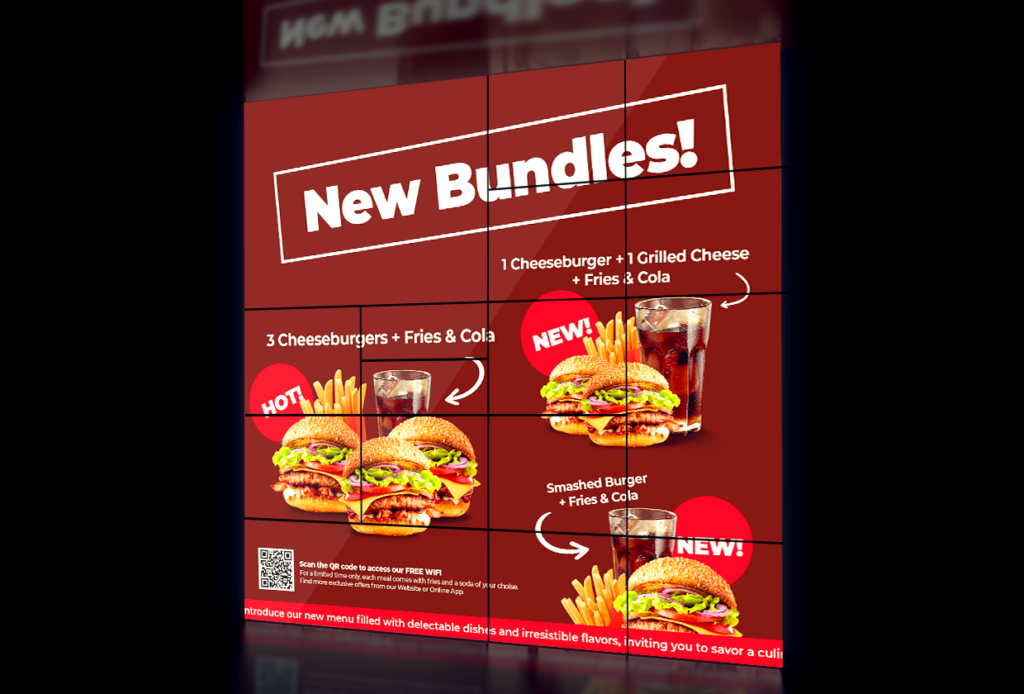A custom video wall showing promo fast food bundles 