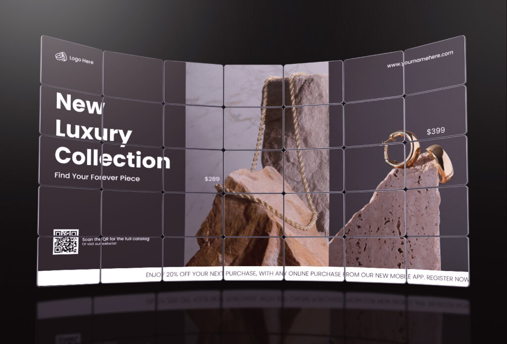 A video wall promoting a jewelries collection
