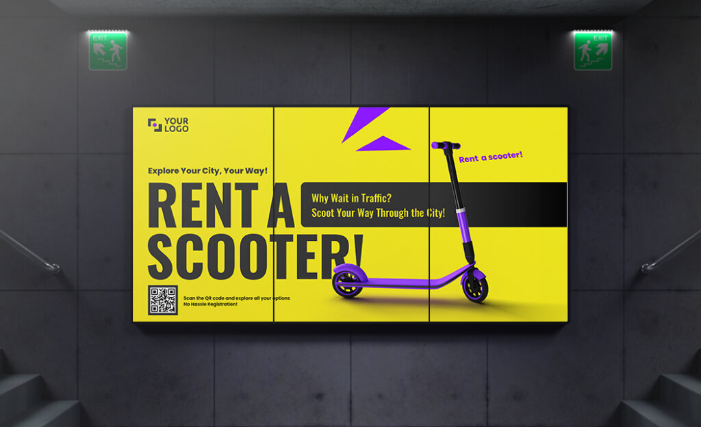 A video wall featuring a scooter advertisement