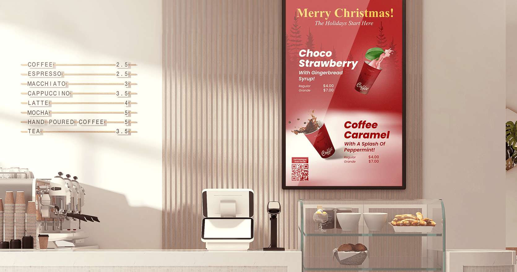 Digital signage with Christmas menu at a cafe.