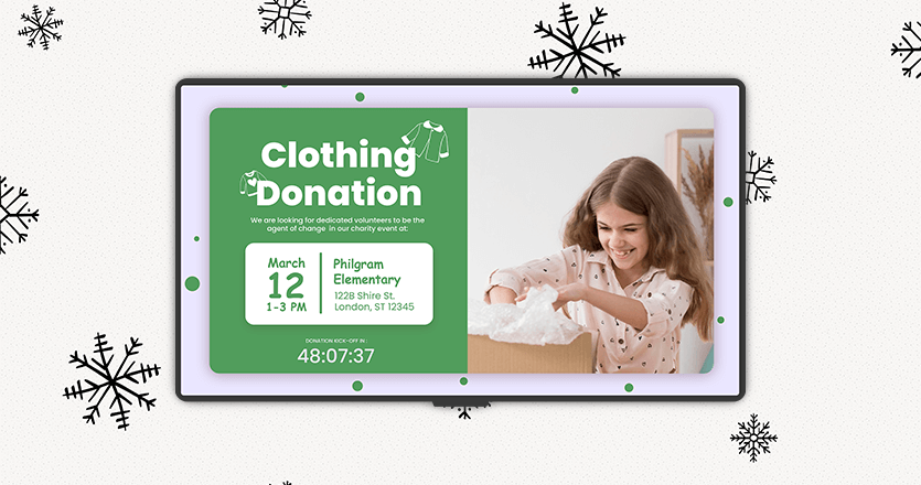 Digital signage showcasing a Clothing Donation event