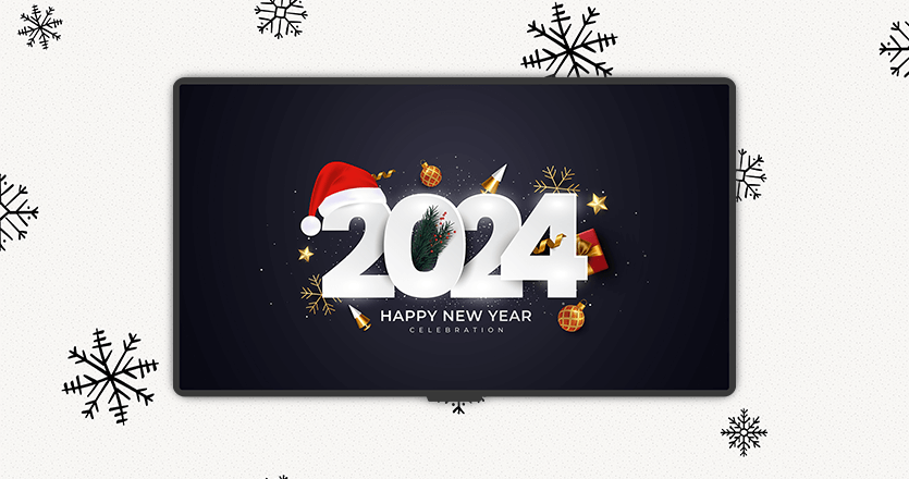 Digital screen with a Happy New Year message