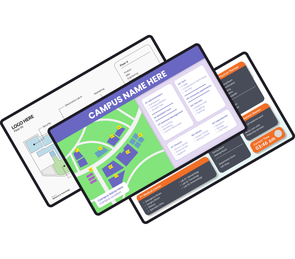 Three TV screens showcasing different wayfinding templates