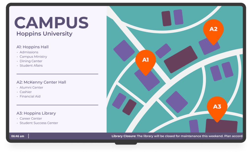 A TV screen showing campus wayfinding information