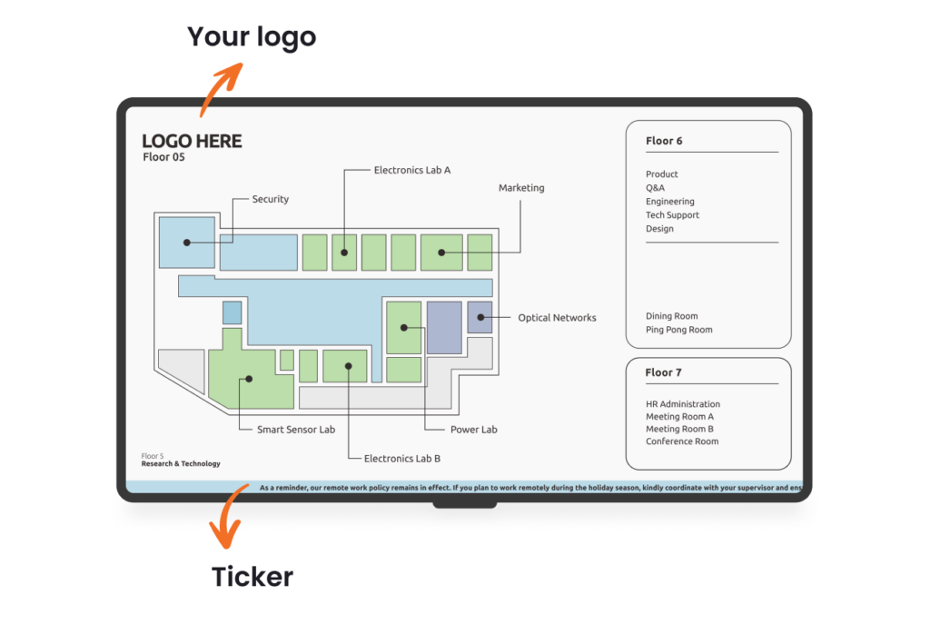 Wayfinding screen that displays areas of a building and shows you where you can put your logo