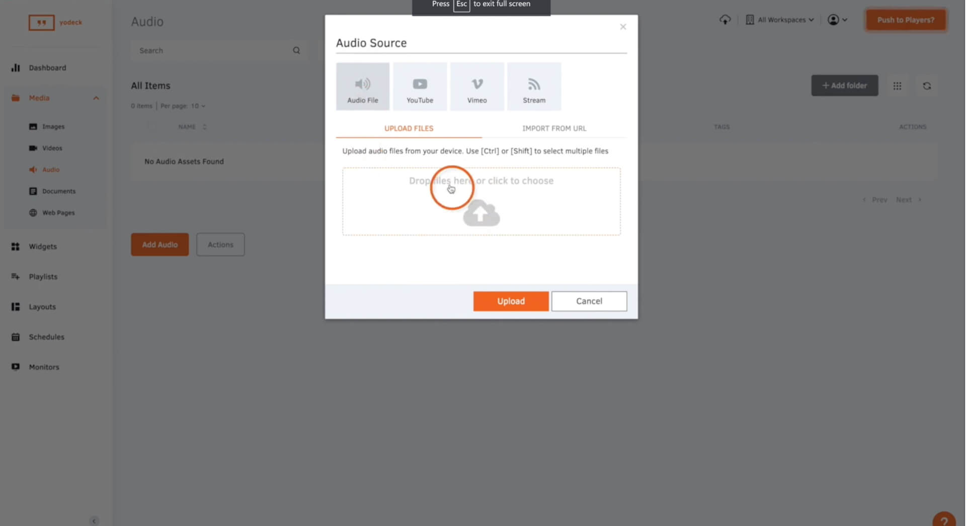 How to upload audio file to Yodeck