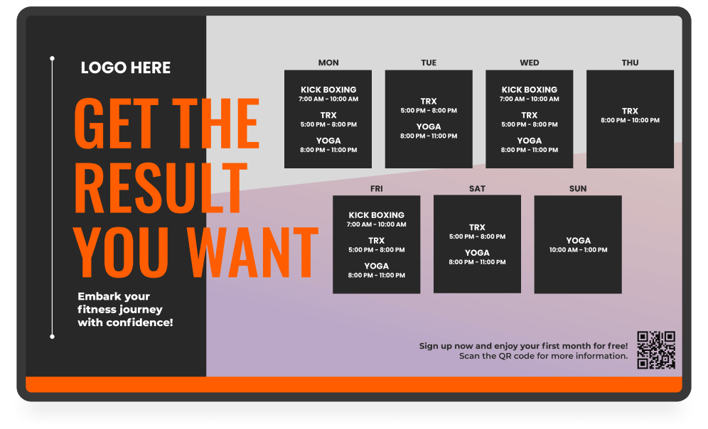 Gym digital signage screen with class schedules