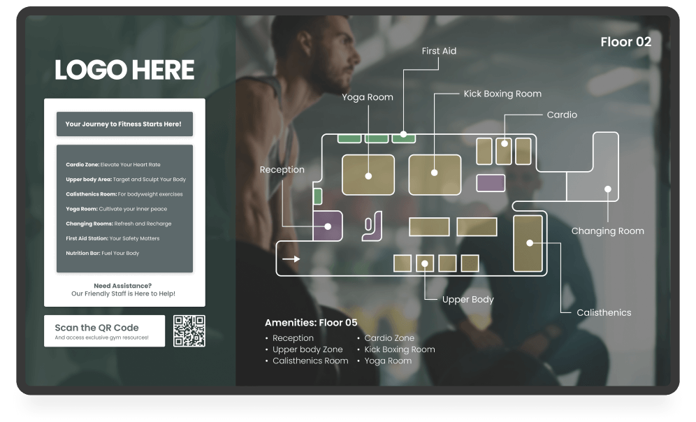 Gym digital signage screen with wayfinding