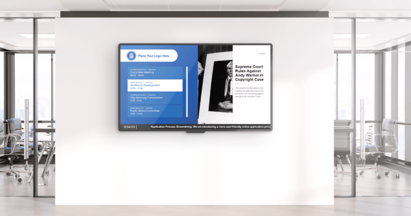 Government digital signage template on a screen in a hallway