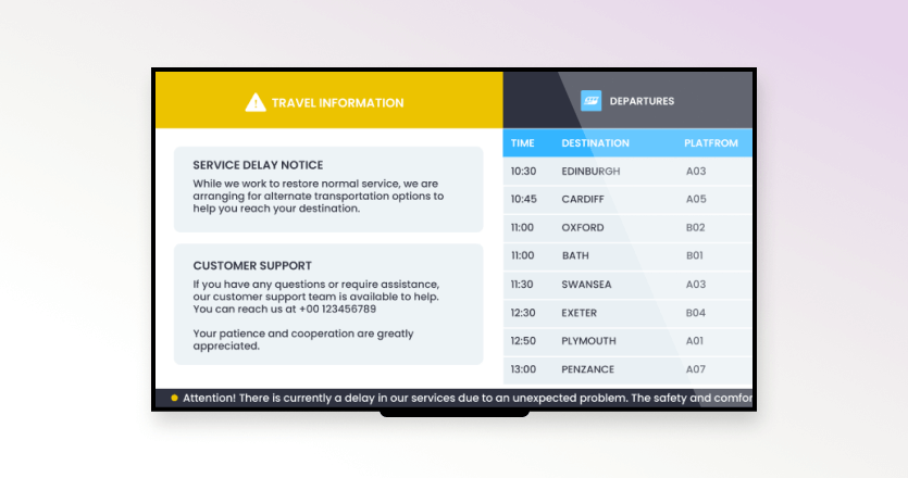 Digital signage screen with travel information and departures